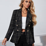 Lapel Single Button Tweed Plaid Blazer Long Sleeve Office Blazer