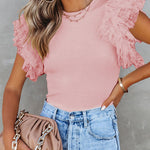 Solid Color Round Neck Pullover Slim Fit Lotus Leaf Sleeve T-shirt