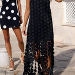 Juju Embroidered Cutout Polka Dots Square Neck Tassel Hem Slip Maxi Dress