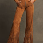 Western Retro Light Brown Faux Suede Zipper Tassel Long-Sleeved Jumpsuit