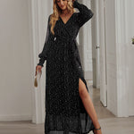 V-neck High Split Long Evening Dress with Belt