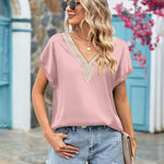 Short Sleeve V Neck Blouse Top Lace Trim Casual Summer Tee Shirt