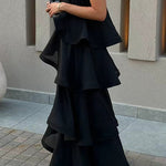 Margovil Spaghetti Strap Ruffle Layered Satin Maxi Dress