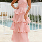 Margovil Strapless Empire Waist Ruffle Layered Maxi Dress