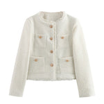 Button Up Frayed Hem Short Tweed Jacket