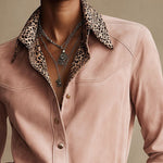Western Retro Leopard Print Pink Faux Suede Long-Sleeve Shirt