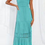 Margovil Strapless Tube Hollow Out Lace Splice Tiered Maxi Dress