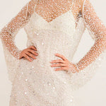 Long Sleeves Shinny Pearls Sequin Beaded Mesh Dress