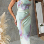 One Shoulder Watercolor Swirl Maxi Bodycon Dress