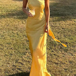 Margovil One Shoulder Open Back Tie Knot Satin Maxi Dress