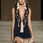 Western Retro Faux Suede Bohemian Style Embroidered Tassel Sleeveless Mini Dress