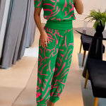 Margovil V Neck Short Sleeve Tunic Top High Waist Harem Joggers Printed Set