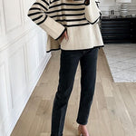 Margovil Striped Tuetleneck Side Split Pullover Sweater
