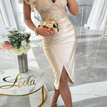 Margovil V Neck Ruffle Sleeves Slit Sequin Midi Party Dress