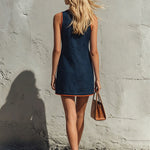 Casual Retro Color-blocked Trim Blue Sleeveless Round Neck Cotton Linen Mini Dress