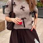 Crewneck Short Sleeves Bow Decorative Sweater Top