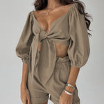 Half Sleeve Knot Front Crop Cardigan Top with Shorts Sets