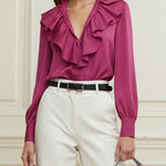 Long Sleeves Loose Ruffle Trim Solid Color V-Neck Blouses&Shirts Tops