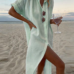 Turn-Down Collar Long Sleeve Single Breasted Loose Shirt Dress Solid Color Summer Beach Dresses