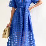 Remarkable Beauty Square Patterned Fabric Puff Sleeve Party Midi Dress