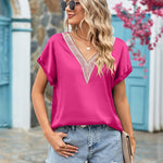 Short Sleeve V Neck Blouse Top Lace Trim Casual Summer Tee Shirt