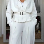 Stand-up collar belted wide-leg suit