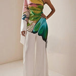 Long Sleeves Loose Flower Print Pleated Pockets One-Shoulder Jumpsuits
