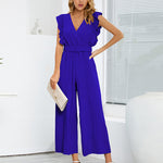 Nadorine Women's Casual Loose Jumpsuit V Neck Sleeveless Solid Ruffle Pleated Wide-leg Long Playsuit with Belt