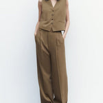 Nadorine Chic Solid Color Two-piece Suits Slim Fit Sleeveless Vest Casual Wide Leg Pants Set