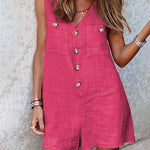 Patchwork Button Front Solid Colored V Neck Daily Wear Casual Daily Shorts Jumpsuits