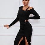 Sexy Drawstring Slit Off Shoulder Long Sleeve Dress