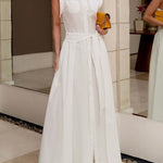 Cap Sleeve Loose Buttoned Solid Color Split-Side Tied Waist Maxi Dresses Shirt Dress