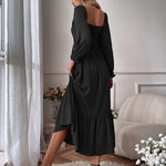 Solid Color Long Sleeve Dress Square Neck Lotus Leaf Maxi Dress