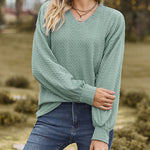 V-Neck Solid Color Twisted Knit Long Sleeve Loose T-Shirt Tops