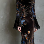 Elegance Midnight Velvet Floral Gown With Lace Trim