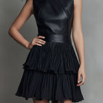 Chic Black Eco Leather & Pleated Chiffon Tiered Skirt Mini Dress