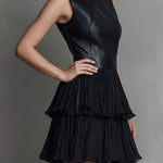 Chic Black Eco Leather & Pleated Chiffon Tiered Skirt Mini Dress