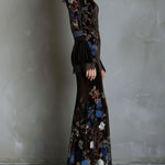 Elegance Midnight Velvet Floral Gown With Lace Trim