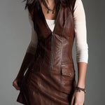 Chocolate Brown Eco Leather Zip-Front Mini Dress With Utility Pockets