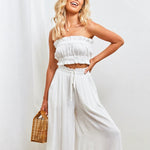 Wide Leg Flowy Pants Summer Boho Elastic Waist Drawstring Palazzo Trousers