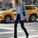 Blue Denim Military Jacket Double-Breasted Stand Collar Long Coat