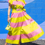 High Waisted Loose Belted Buttoned Contrast Color Pleated Pockets Lapel Maxi Dresses Shirt Dress