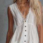 Elegant Vintage Western Lace V-neck Front-button White Cotton Mini Dress