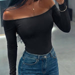 Women's Off Shoulder Bodysuit Minimalist Long Sleeve Sexy Slim Fit Bodysuit with Built-In Bra