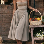 Spaghetti Strap A-line Midi Dress Sleeveless Low-Cut Corset Cami Dresses with Pockets