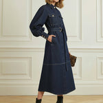 Puff Sleeves Belted Buttoned Pockets Split-Joint Lapel Midi Dresses