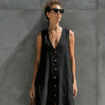 Women's Elegant Black V-neck Cotton And Linen Blend Sleeveless Maxi Dress