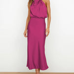 Long Formal Satin Dress Mock Neck High Neck Evening Dress