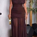 Brown Pleated Mesh Bodycon Dress