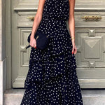 Cabana Date Polka Dot Print Halter Bow Neck Tiered Maxi Dress